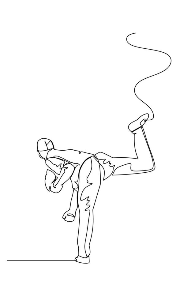 Continuous single line drawing of back view of the pitcher already throwing the ball. baseball tournament event . Design illustration vector