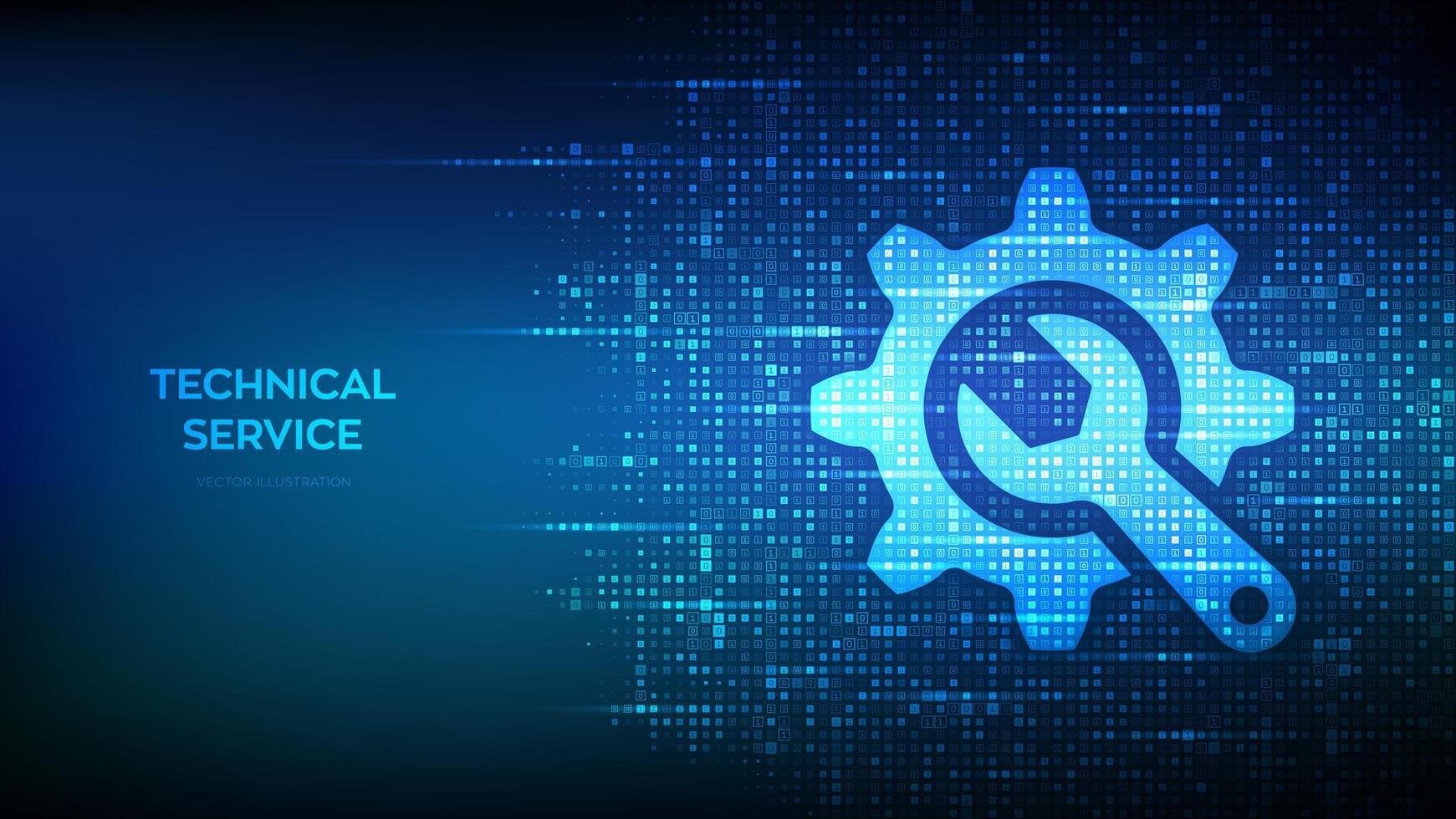 Technical service. Wrench and gear icon made with binary code. Technical assistance. Customer help. Online tech support. Repair service. Digital code background with digits 1.0. Illustration. vector