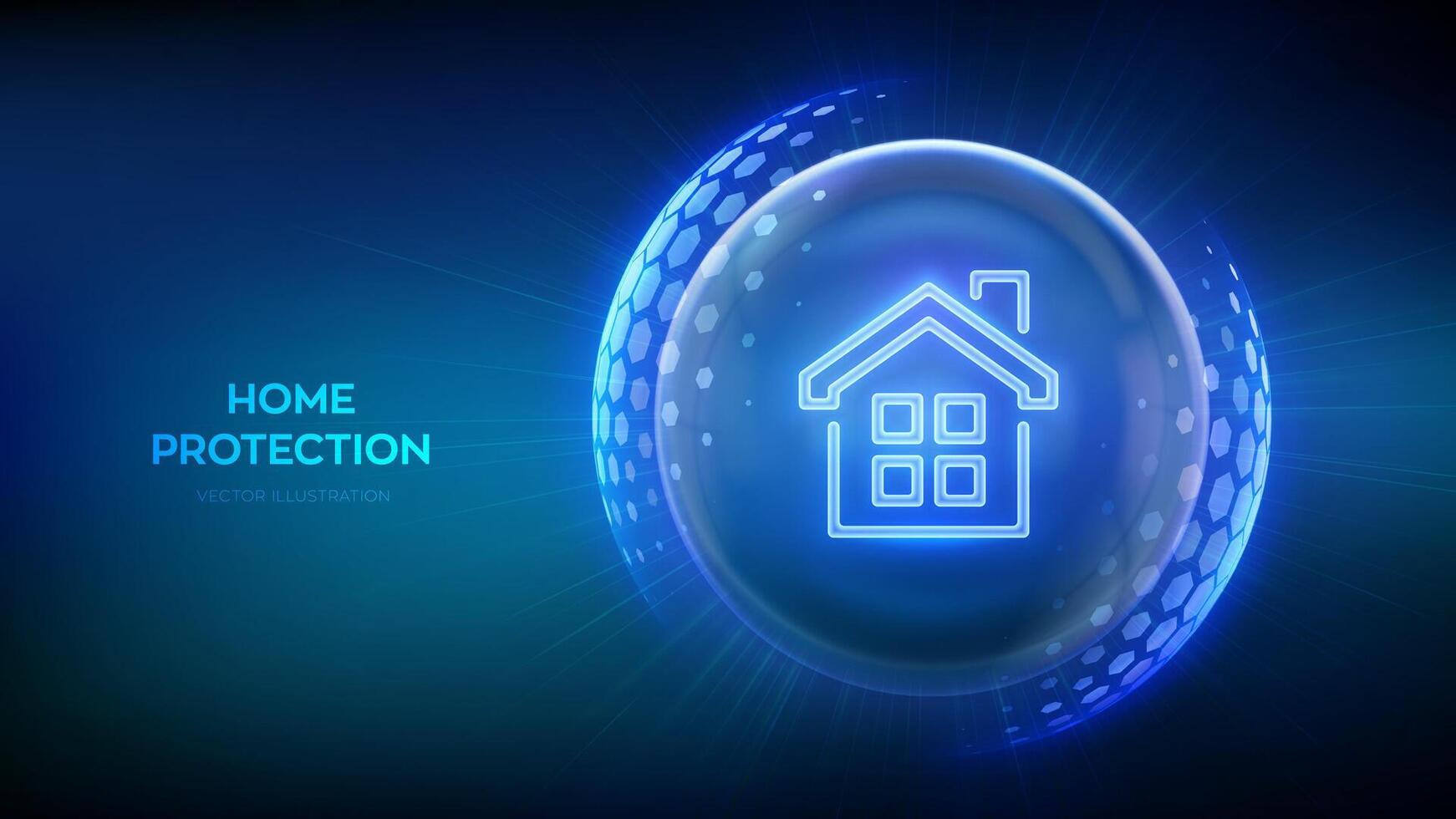 Home security protection. Home Insurance concept. Real estate insurance. Glass transparent sphere shield with surface of hexagons with House icon illustrates Home Insurance. illustration. vector