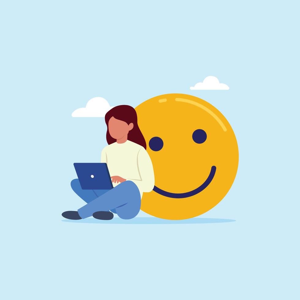 Passion or enjoyment with favorite job without stress and pressure. Happy businesswoman working with laptop on smiling face concept illustration vector