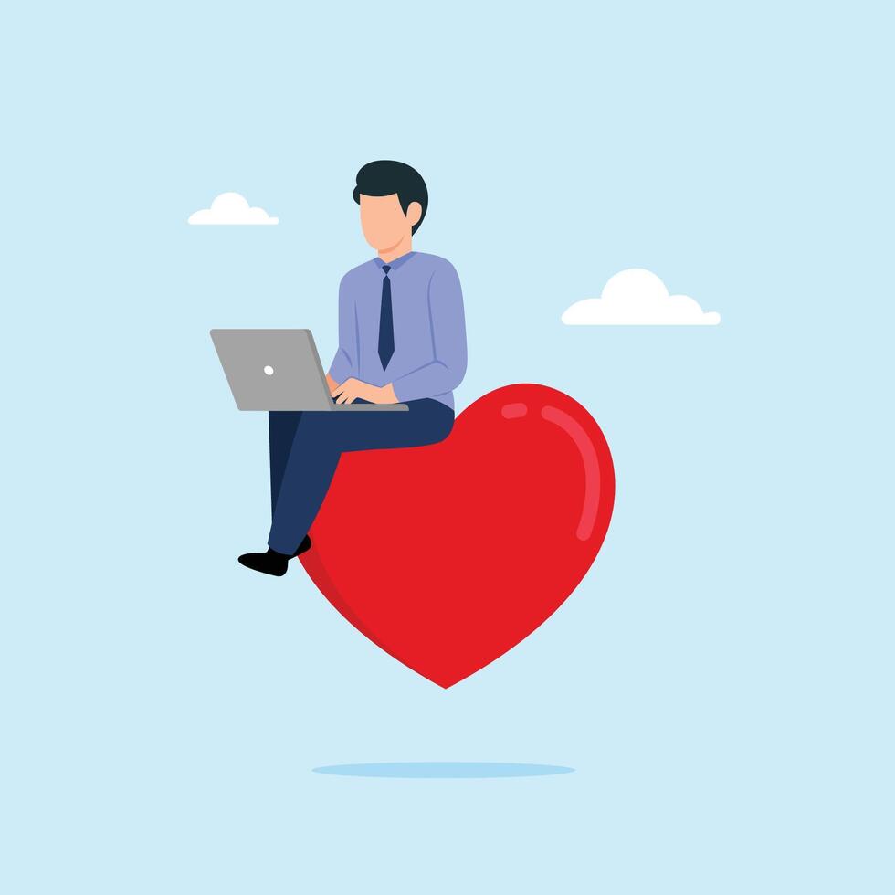 Passion or enjoyment with favorite job without stress and pressure. Happy businessman sit on giant heart for doing job concept illustration vector