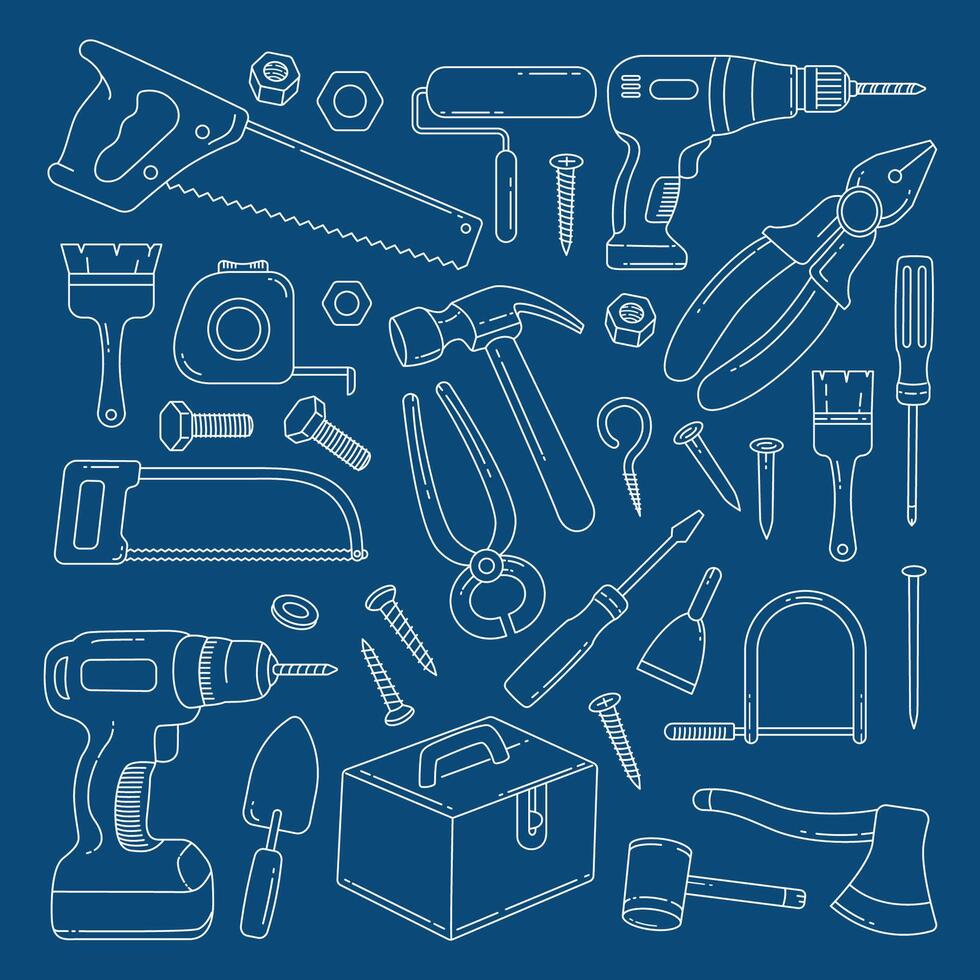 Set of Carpenter tools doodle hand drawn isolated on white background vector