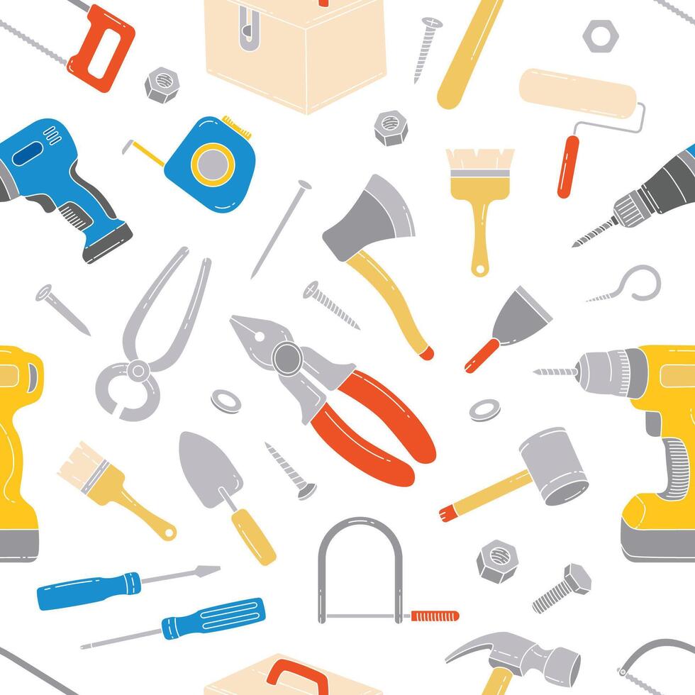 Carpenter tools doodle hand drawn seamless pattern background vector