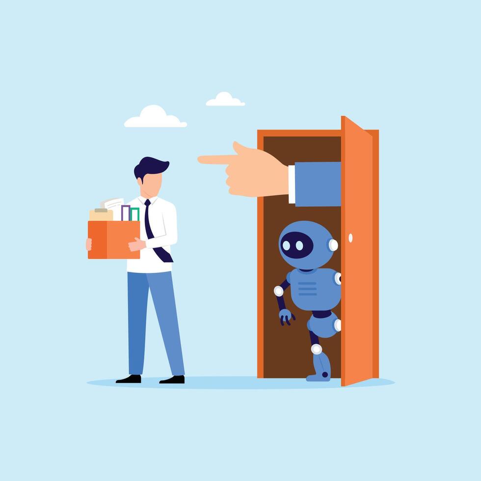 Artificial Intelligence robot work to replace human. Technologies replace people work flat design concept illustration vector