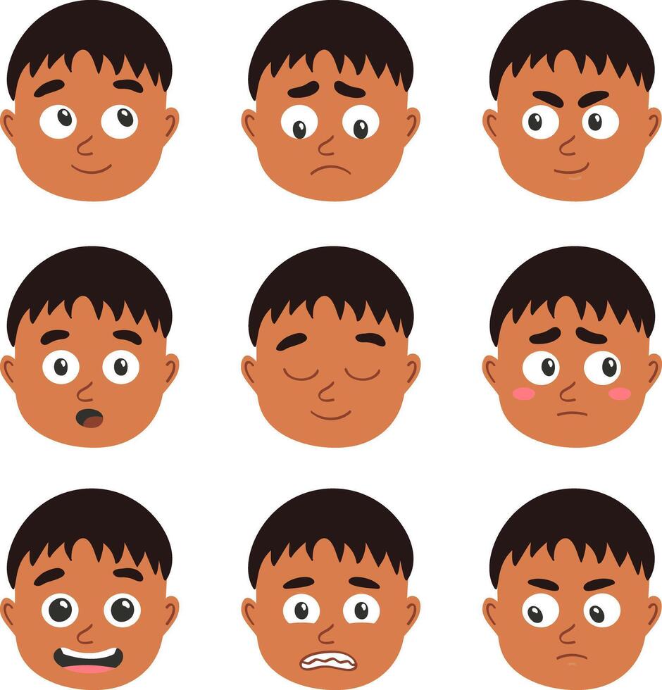 Set of African American Boy Faces. Collection of baby emotions with black skin. Joy, delight and embarrassment. Avatar of calm child head. Short hair. Fright, surprise and anger. illustration vector