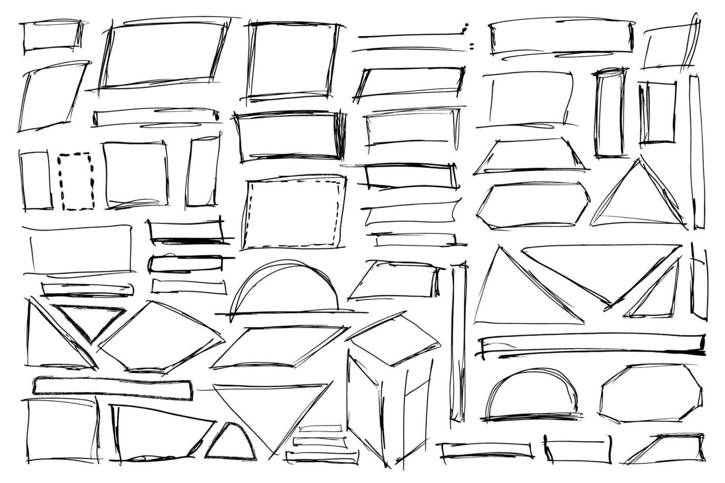Black pen hand draw empty boxes. Grunge square and rectangular frames set. vector