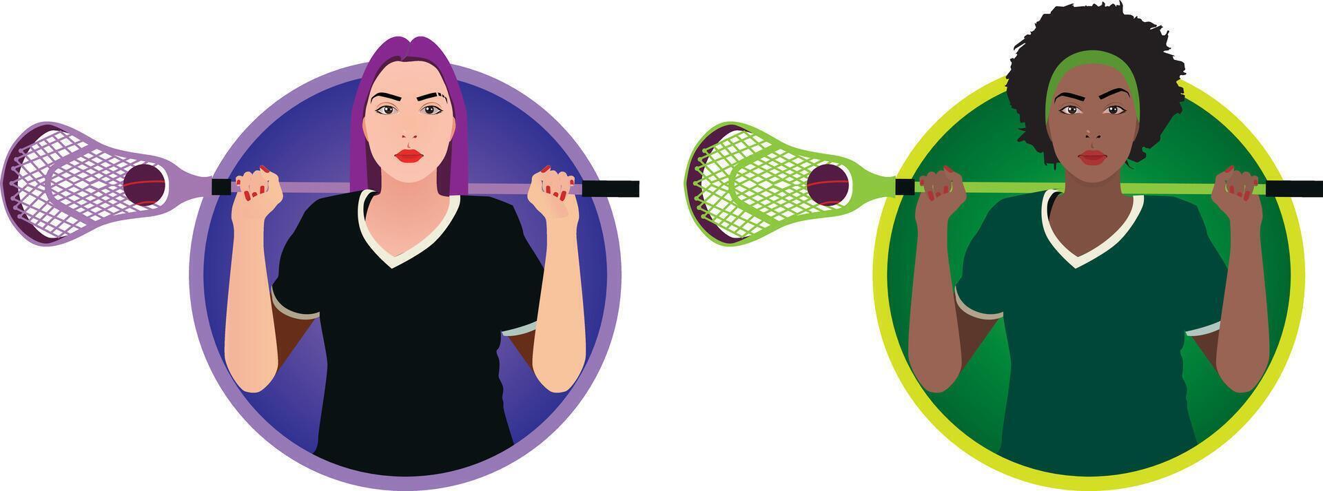 two girls of European and African American appearance with lacrosse sticks. vector