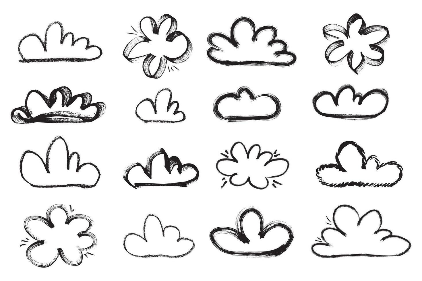 Grunge brush clouds. Scribble set of ink grunge clouds shapes icons drawn with markers and crayons vector