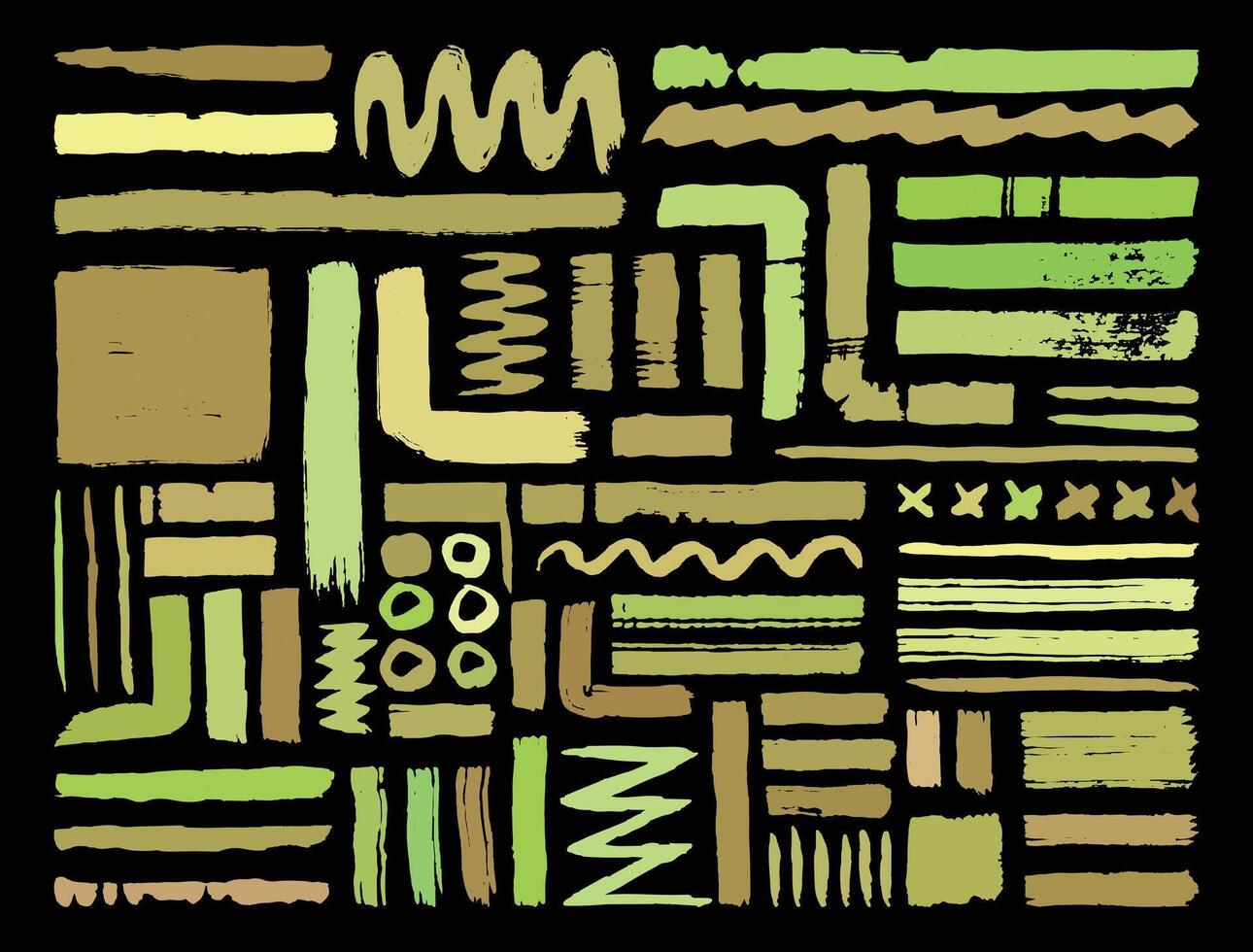 Green paint brushes template set. Grunge art brush strokes element bundle. Creative hand drawn stroke design. Painting graphic element pack. vector