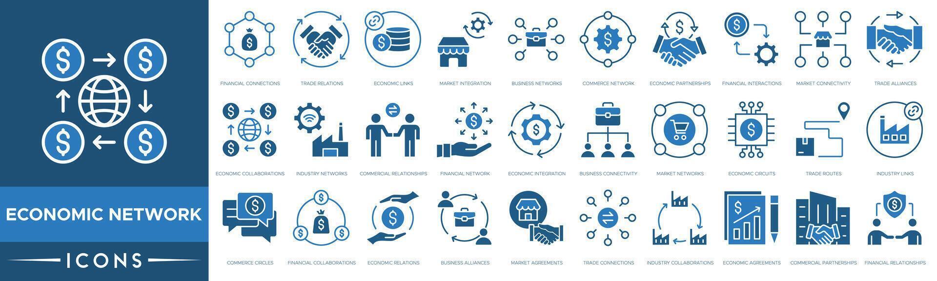 Economic Network icon. Financial Connections, Trade Relations, Economic Links, Market Integration, Business Networks, Commerce Network and Economic Partnerships vector