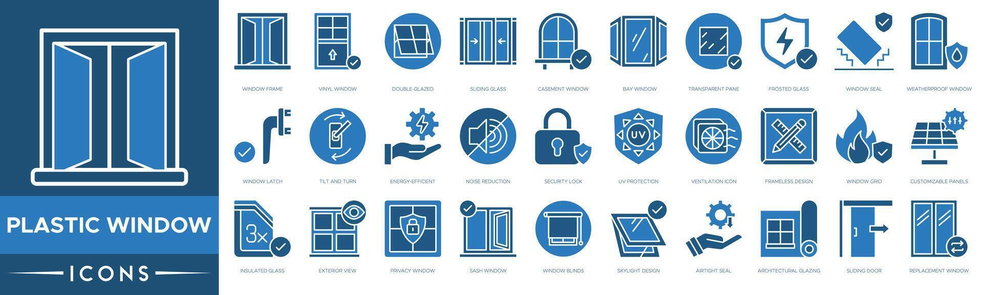 Plastic window icon. Frame, Vinyl Window, Double Glazed, Sliding Glass, Casement Window, Bay Window, Transparent Pane and Frosted Glass vector