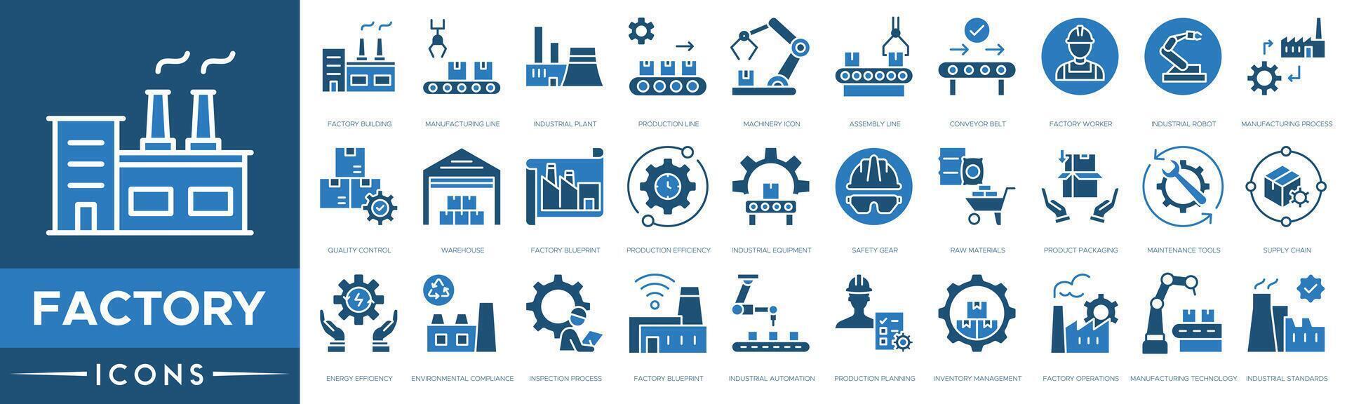 Factory icon. Factory Building, Manufacturing Line, Industrial Plant, Production Line, Machinery Icon, Assembly Line, Conveyor Belt, Factory Worker, Industrial Robot vector