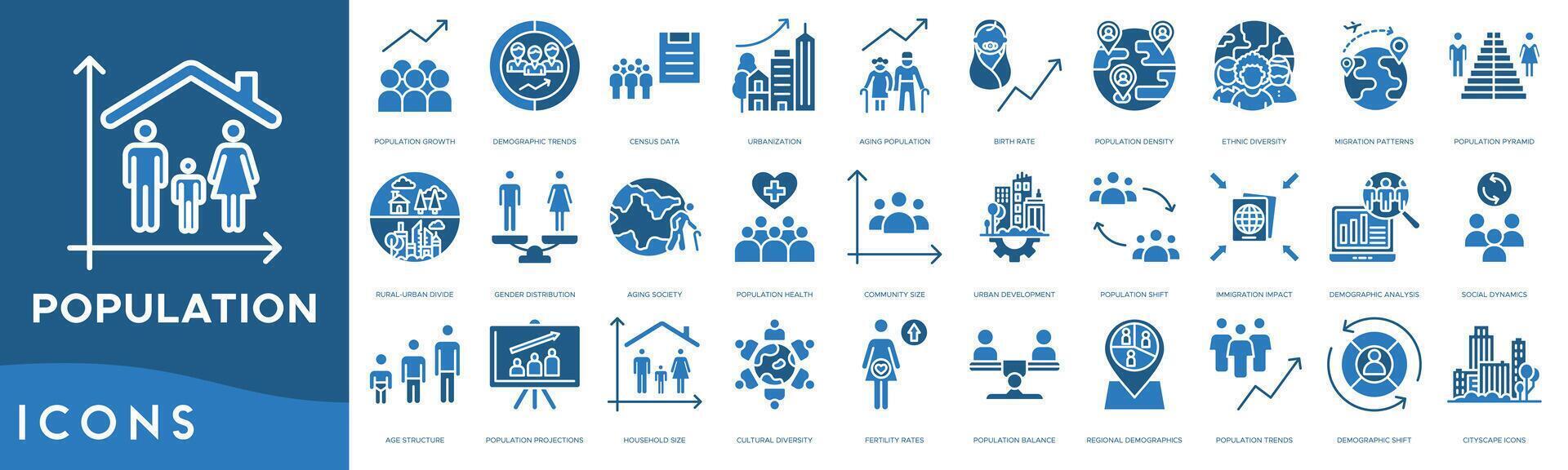 Population icon set. Population Growth, Demographic Trends, Census Data ...