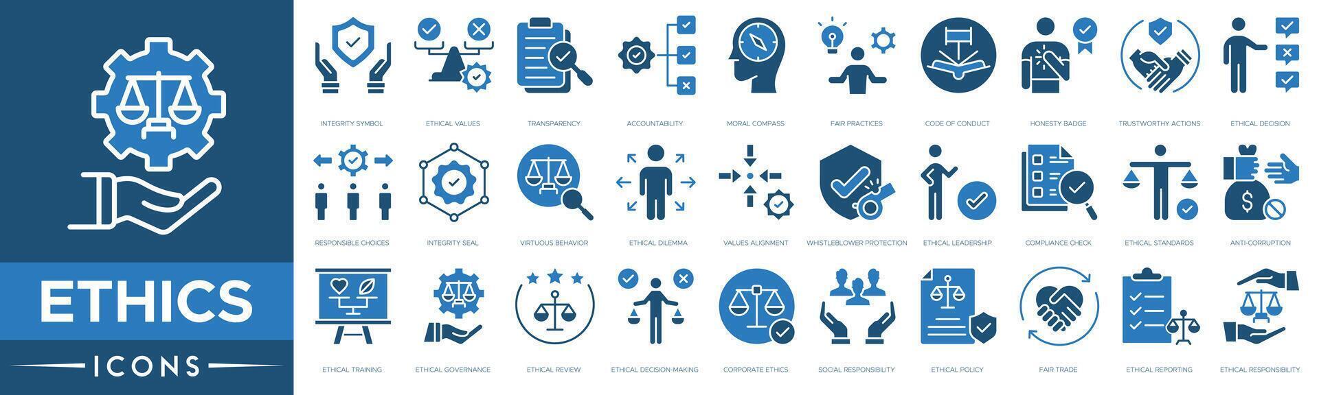 Ethics icon. Integrity Symbol, Ethical Values, Transparency Icon, Accountability, Moral Compass, Fair Practices, Code of Conduct, Honesty Badge and Trustworthy Actions vector