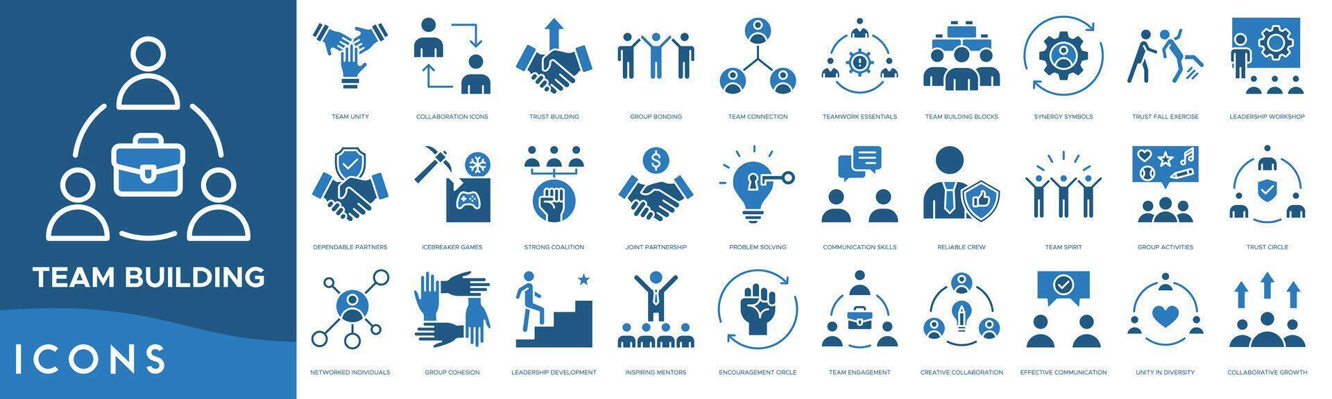 Team Building icon set. Team Unity, Collaboration, Trust Building, Group Bonding, Team Connection, Teamwork Essentials, Team Building Blocks, Synergy Symbols, Trust Fall Exercise, Leadership Workshop vector