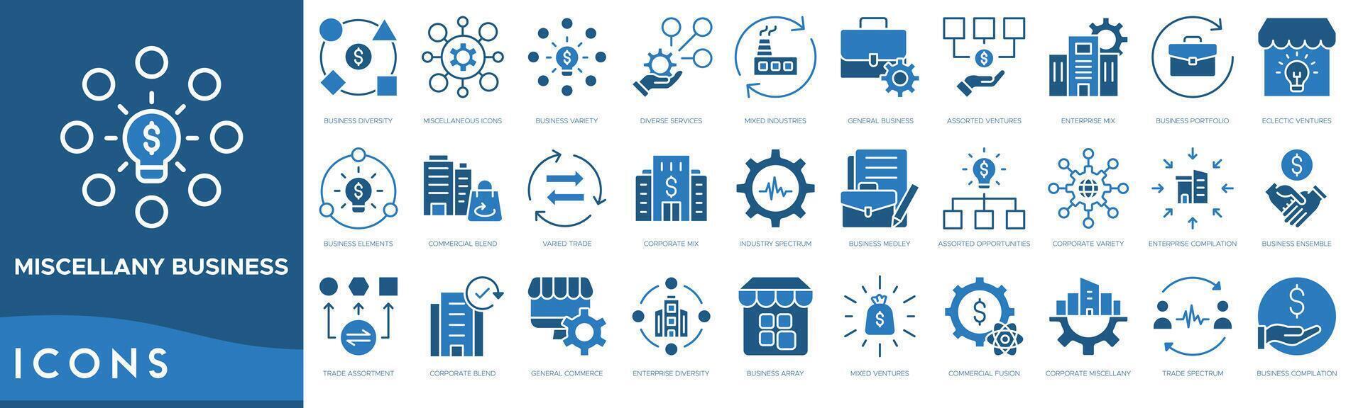 Miscellany Business icon set. Business Diversity, Miscellaneous Icons, Business Variety, Diverse Services, Mixed Industries, General Business and Assorted Ventures vector