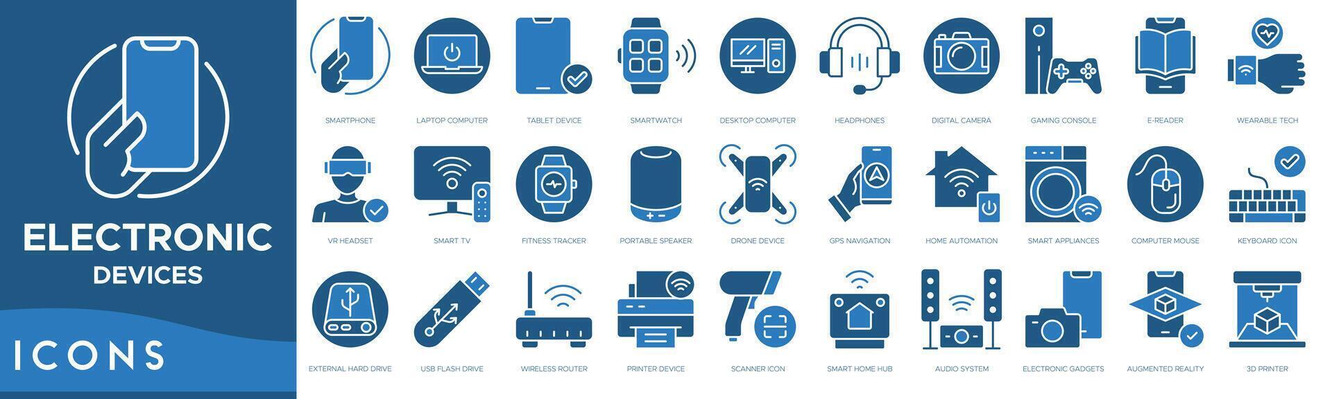 Electronic Devices icon set. Smartphone, Laptop Computer, Tablet Device, Smartwatch, Desktop Computer, Headphones and Digital Camera vector