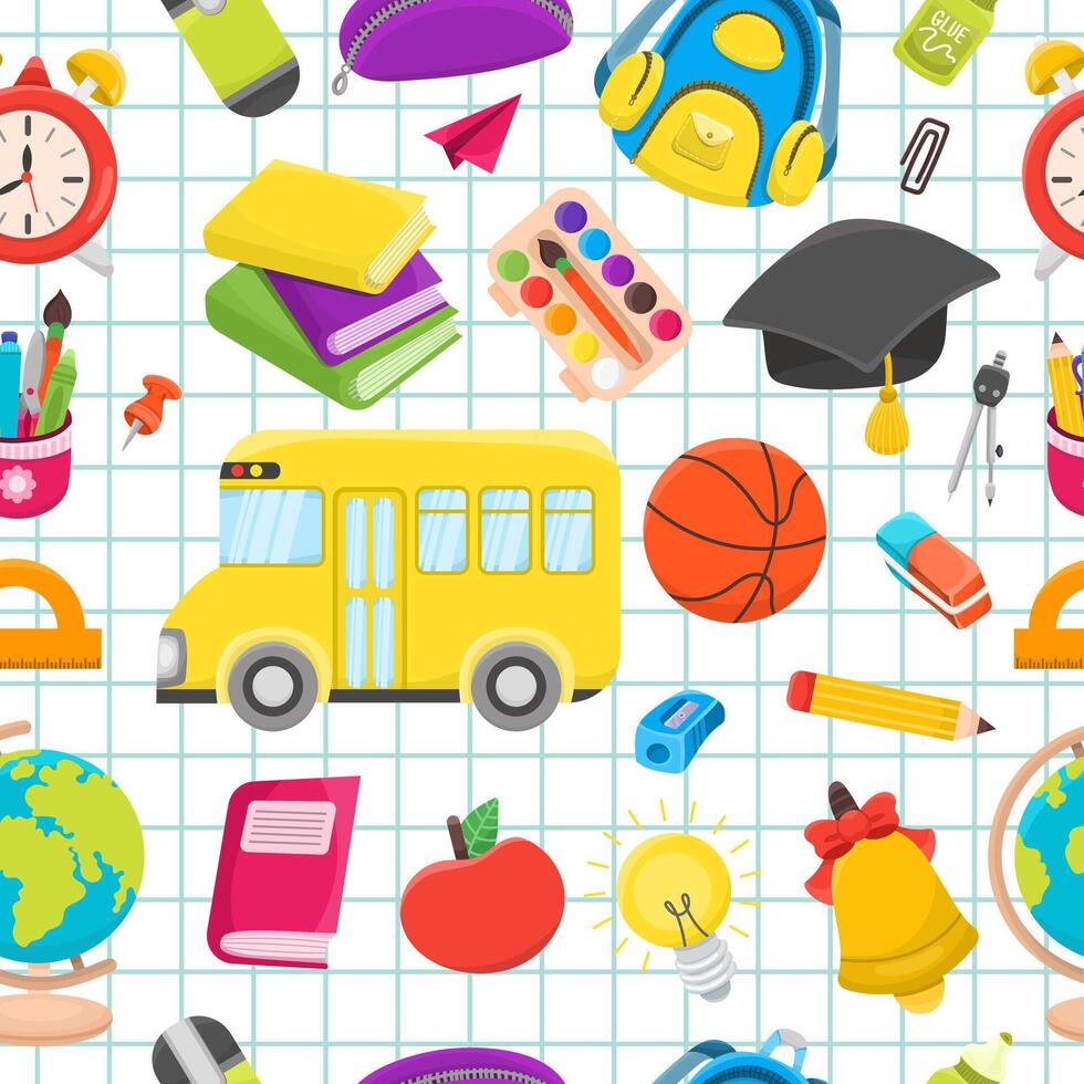 Back to school seamless pattern with different school elements, checkered background. Colorful children's design in cartoon style vector