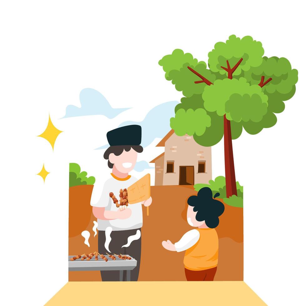 Muslim doing barbeque parties to celebrate eid al Adha illustration. vector