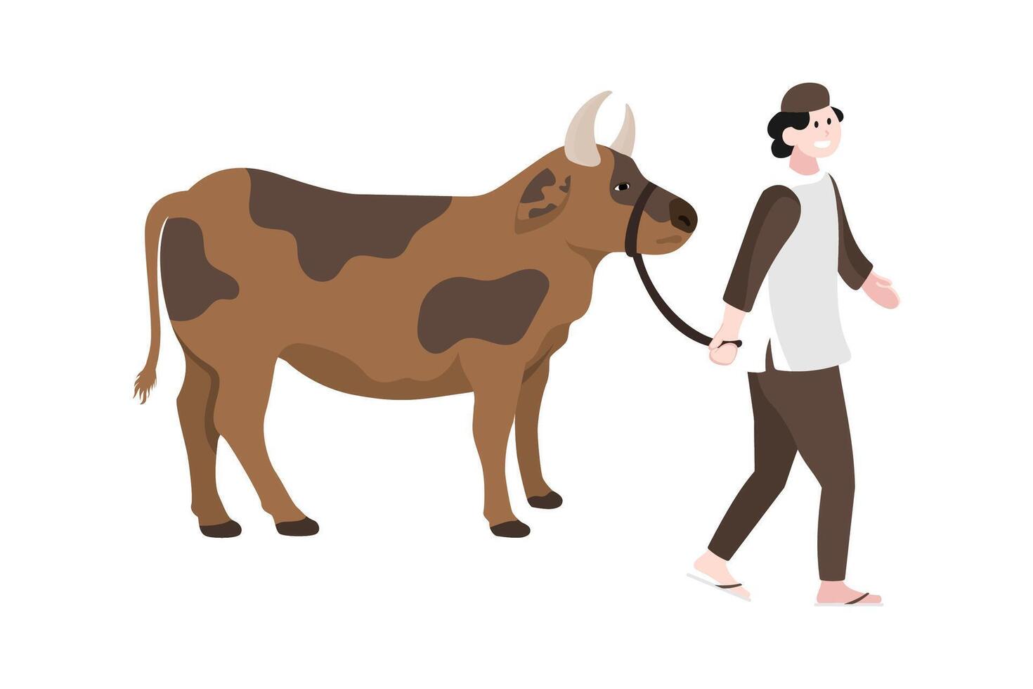 Eid Al Adha Mubarak illustration. Muslim Man Pulling Cow for Sacrifice Islamic Festival. vector