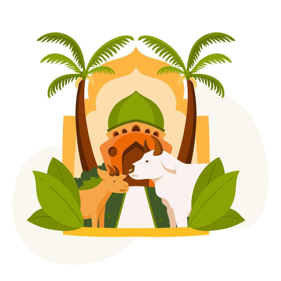 Eid al-Adha celebration background with mosque, goat, and cow illustration. vector