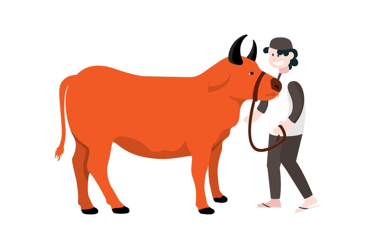 Eid Al Adha Mubarak illustration. Muslim Man Pulling Cow for Sacrifice Islamic Festival. vector
