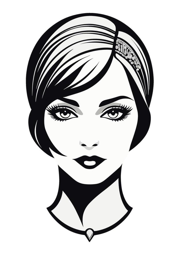 One side bangs short bob with bejeweled headpiece in the Gatsby style era of 1920s vector