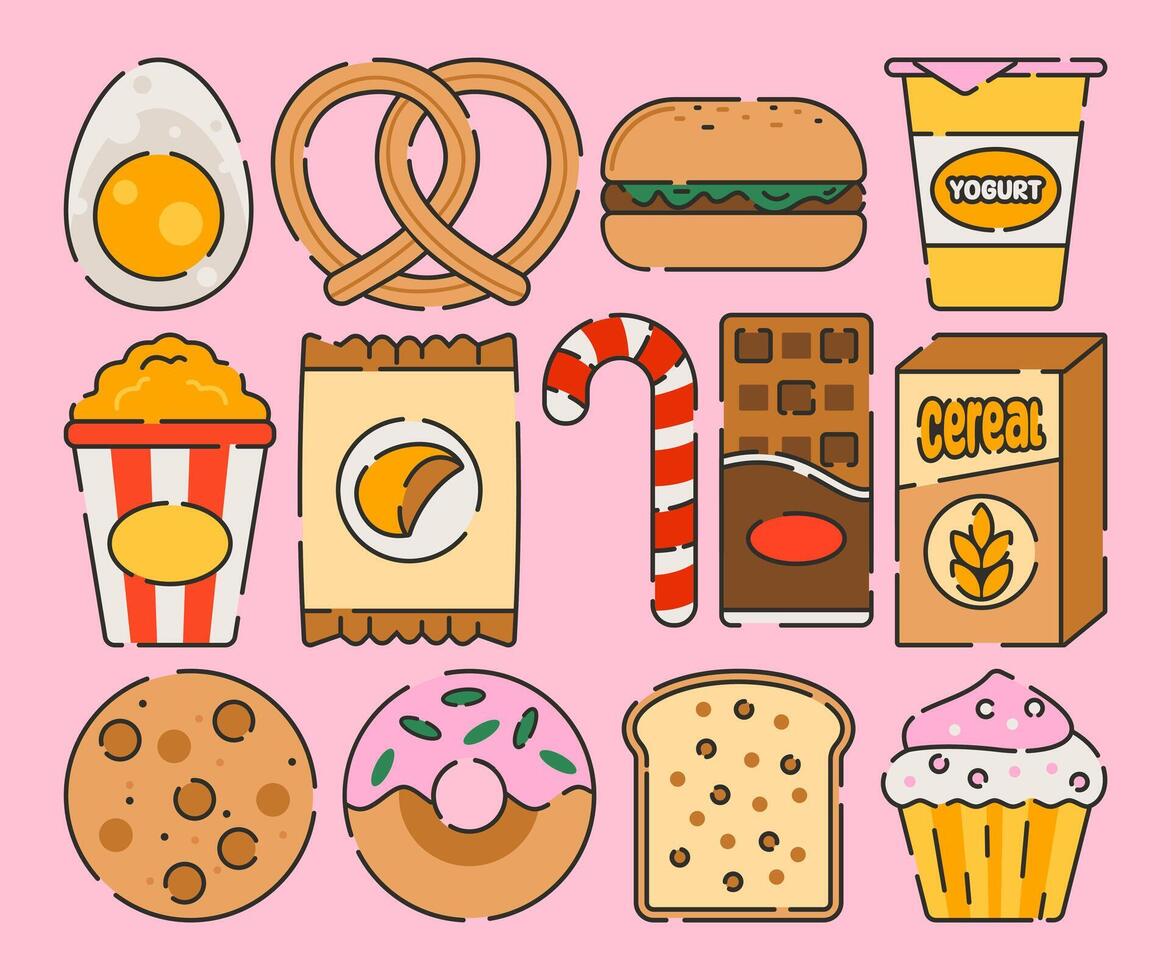 A collection of food items, including snacks and cookies soft color, showcased against a pink background in an illustration set. vector
