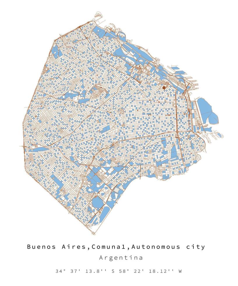 Buenos Aires,comuna 1,autonomous city of Buenos Aires,Argentina ,city centre,accurate map,Urban detail Streets Roads color Map vector