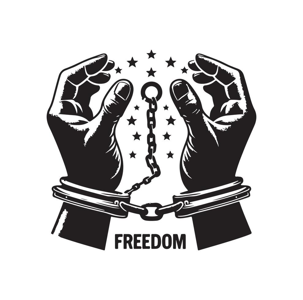 A pair of hands chained to a chain with the text words freedom. A pair of hand in handcuff. Hand drawn illustration. vector