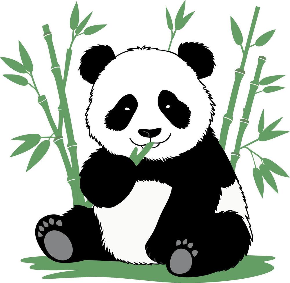Cute panda sitting and eating bamboo silhouette vector