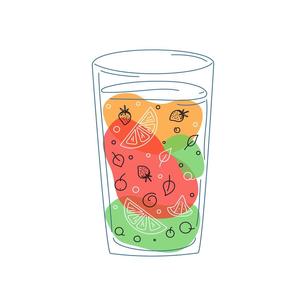 Glass, fruit juice. Food and drink, vegetarian healthy eating. Cocktail, smoothie with lemons, berries, oranges, mint leaf. Drawing, doodle. vector