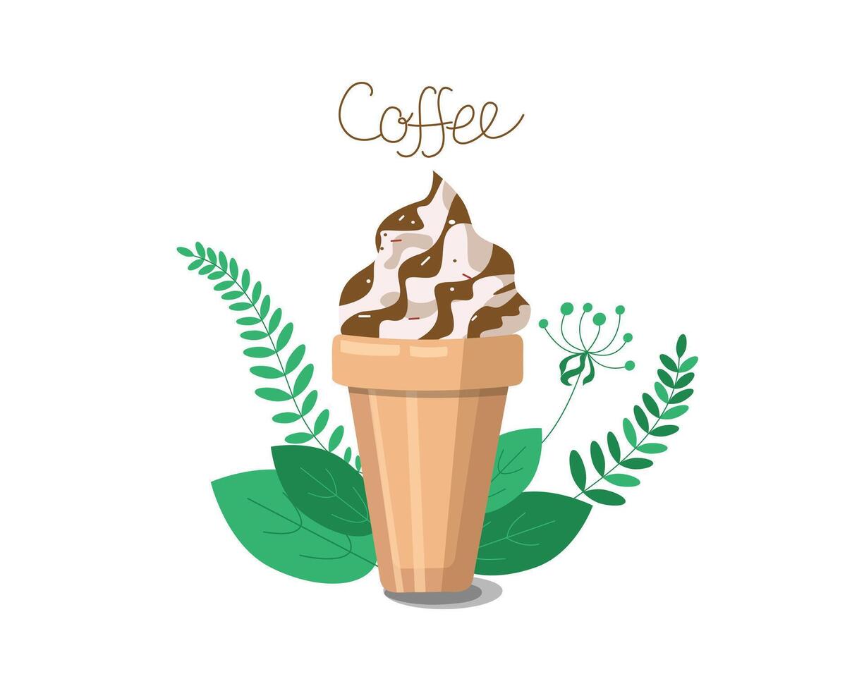 Coffee drink chilled with ice in disposable plastic cups. Cold Coffee. Glass of dessert, with whipped cream, chocolate or caramel filling and carbonated drink. Ice cream. vector