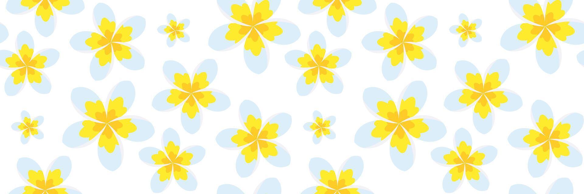Plumeria Flowers seamless pattern. Turquoise background with Golden Frangipani. Hawaiian frangipani with white and yellow petals. for textile design, packaging, wallpaper. flat illustration. vector