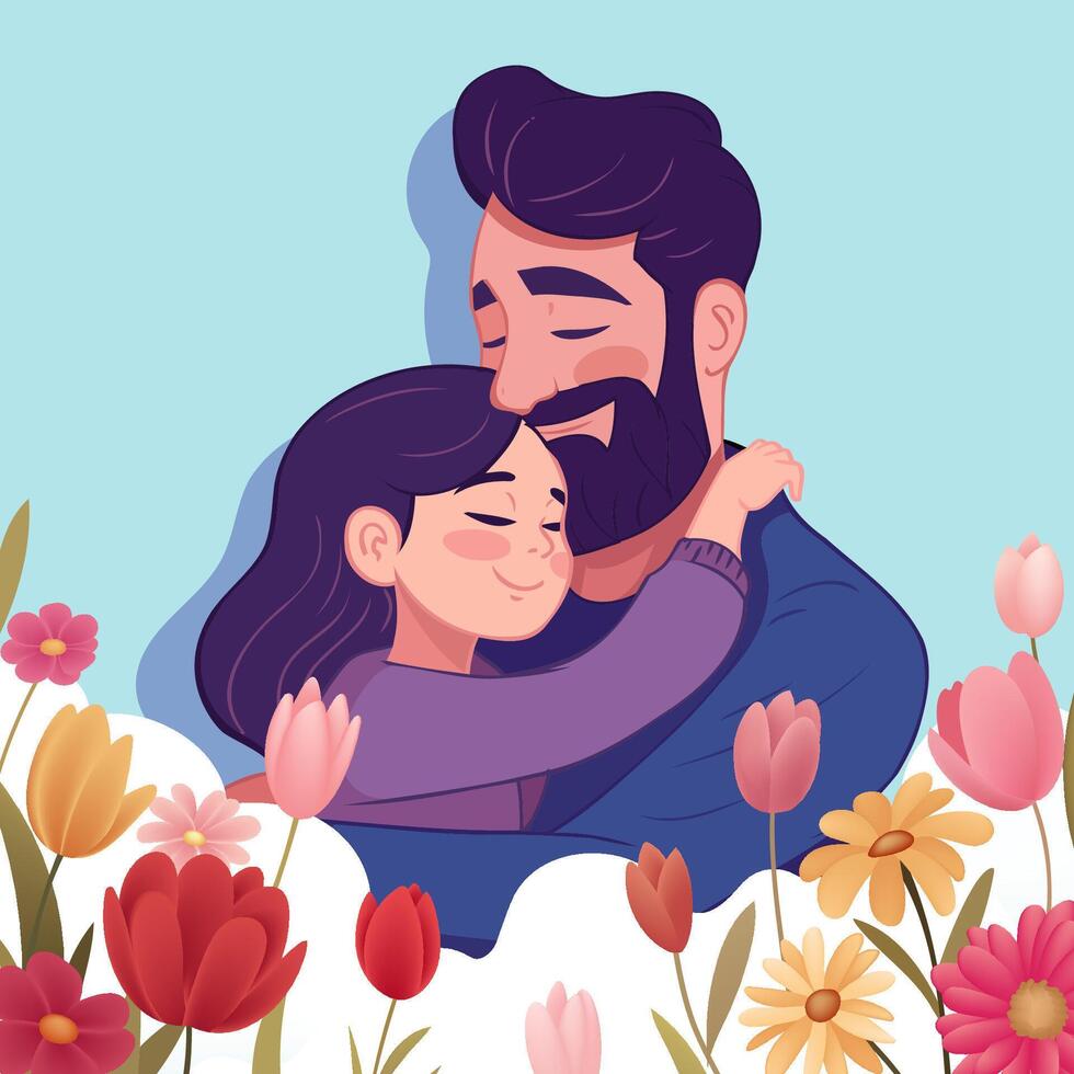 a man and a girl hugging in a garden of flowers vector
