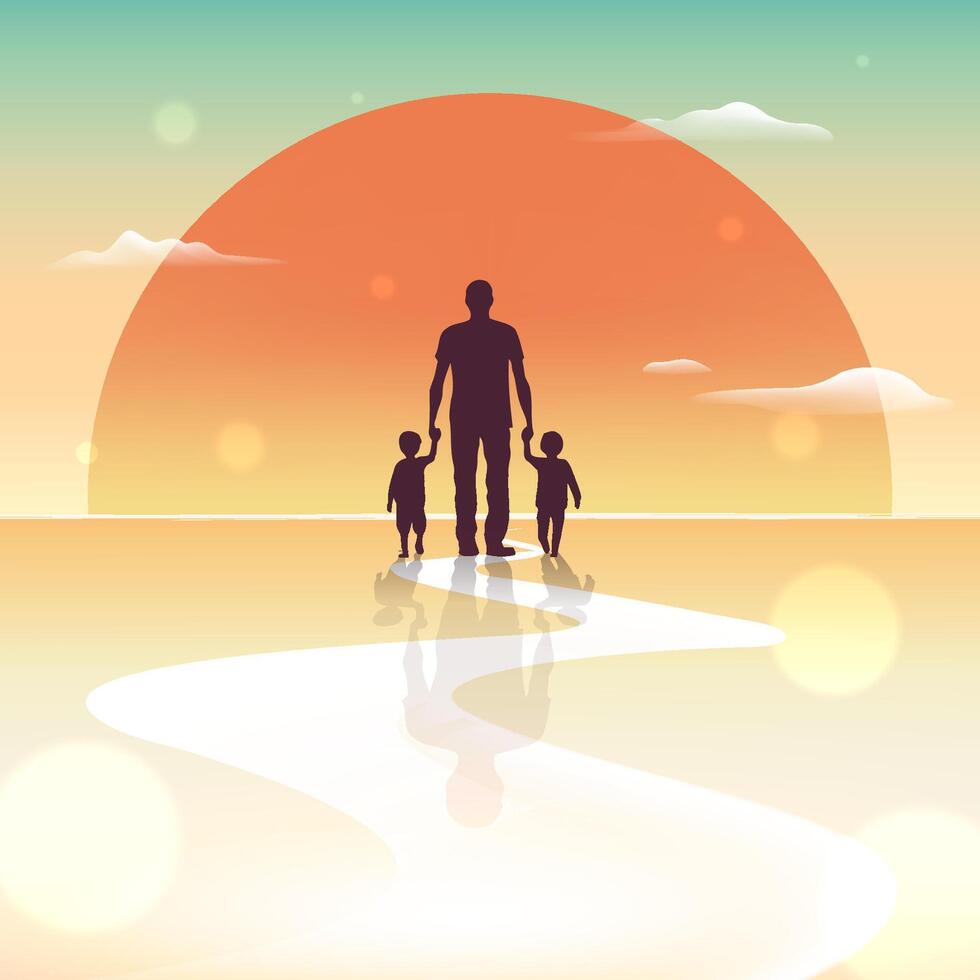 a man and a child are standing in front of a sunset vector
