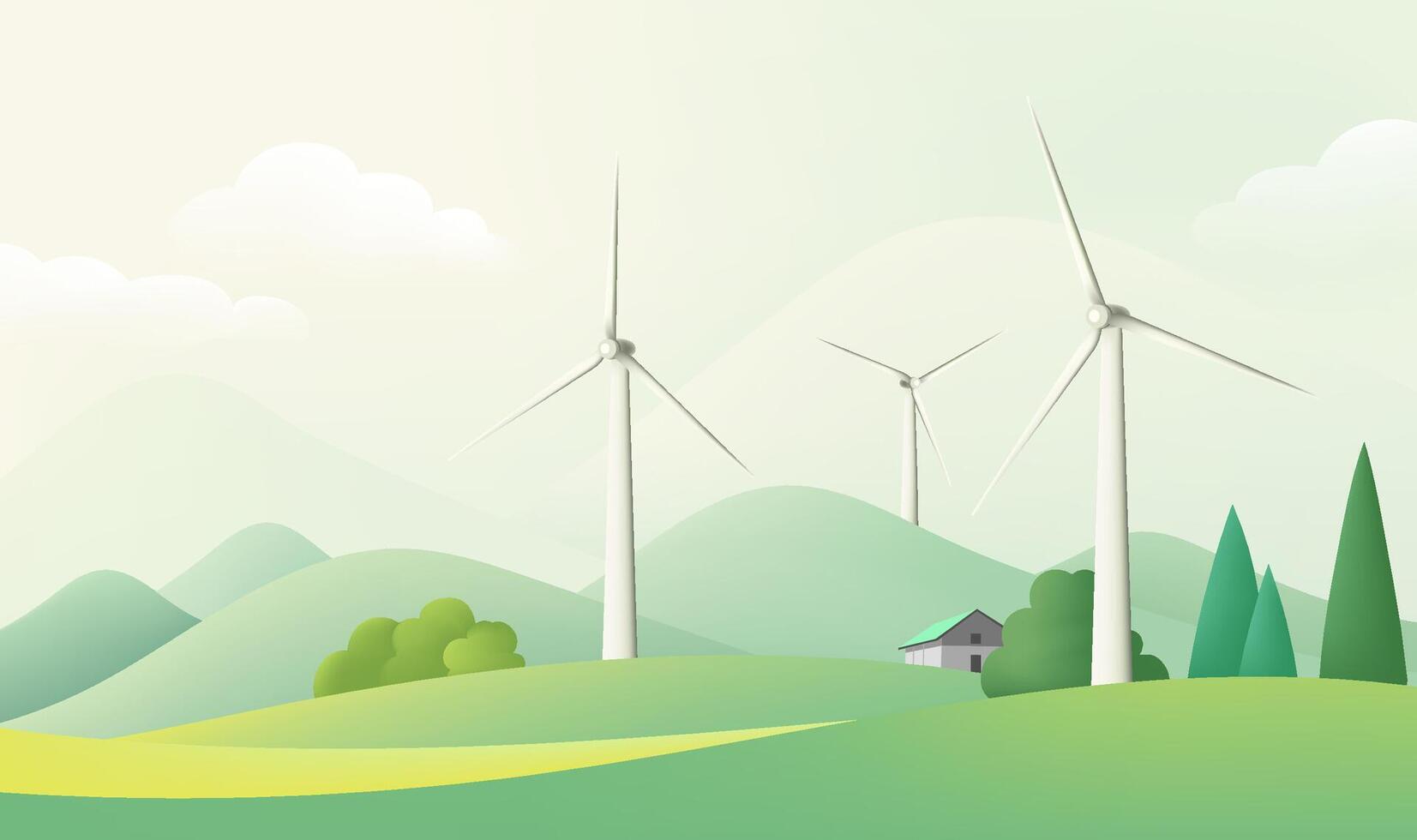 a cartoon illustration of wind turbines in a green field. vector