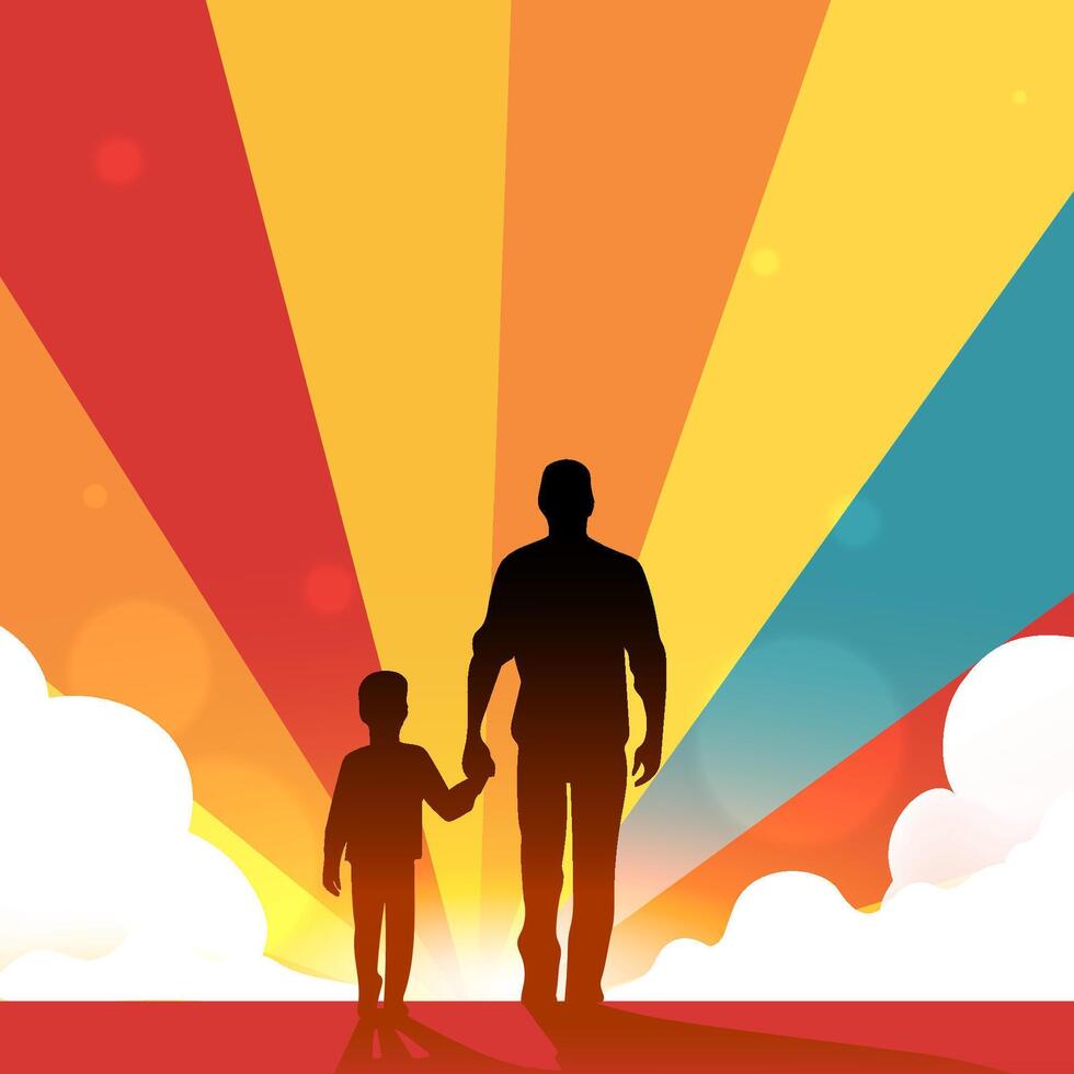 a father and son are silhouetted against a sunset background vector