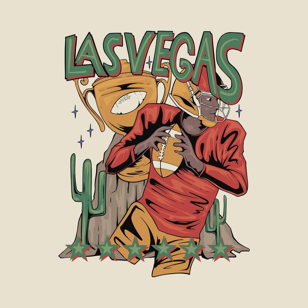 Hand drawn rugby player illustration with desert background and Las Vegas text for t shirt design vector