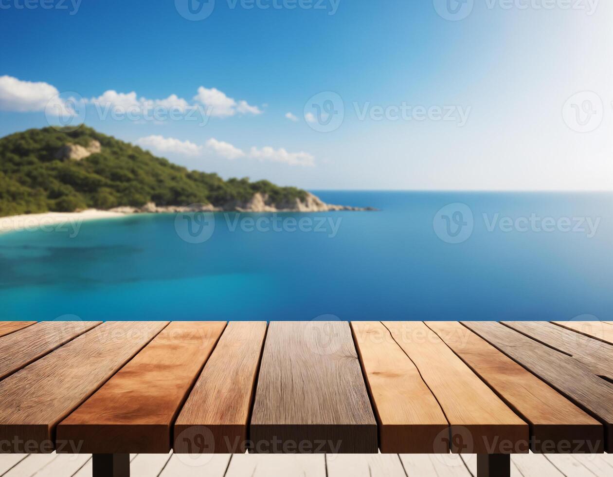 Wooden table with a spectacular view of the sea, island, and blue sky in the background photo