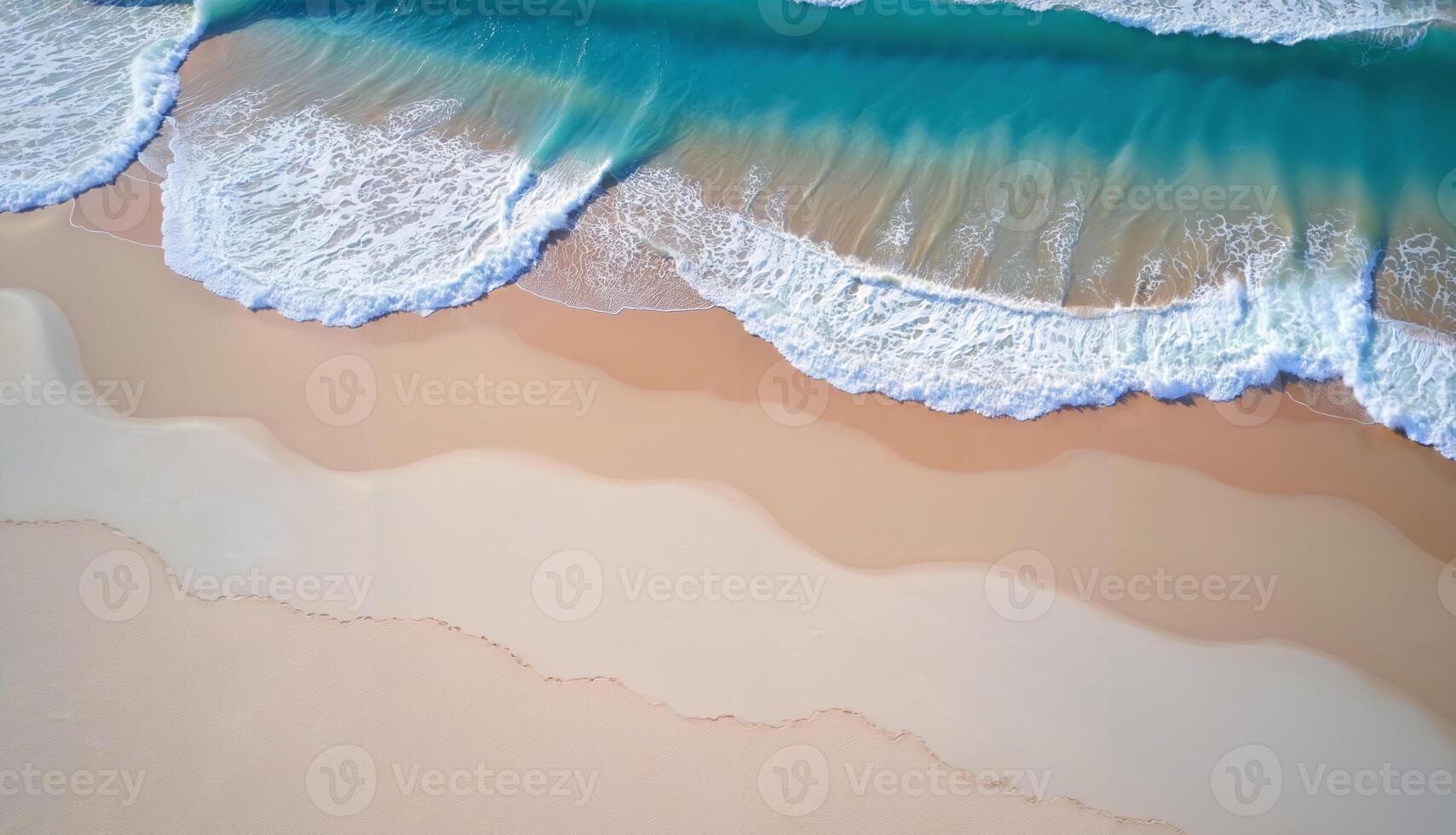 A beach scene with a body of water, likely the ocean. The shoreline is covered in sand, and the waves are crashing onto the beach. photo