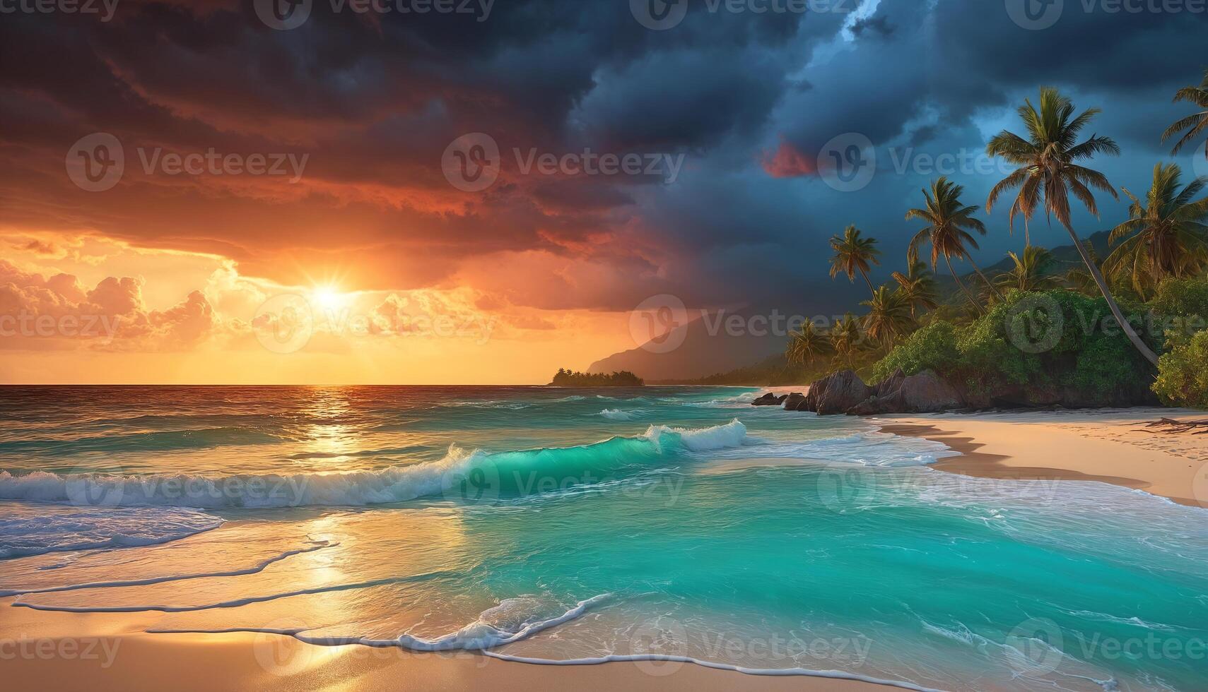 A beautiful beach scene with a tropical atmosphere. The sun is setting, casting a warm glow over the ocean and the sandy shore. The sky is filled with clouds, creating a serene setting. photo