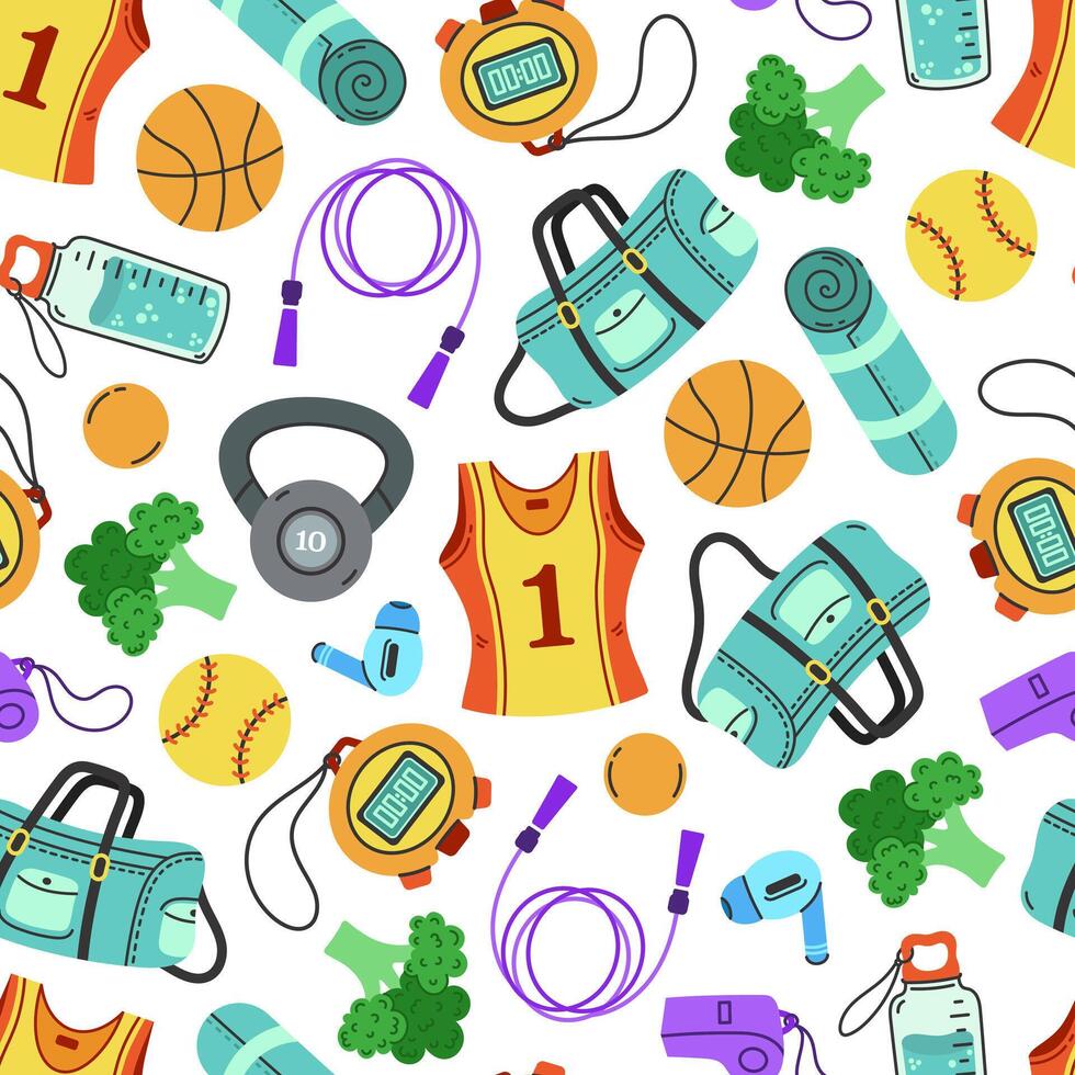 Sports equipment seamless pattern. Gym accessories for fitness, yoga. Running jersey, kettlebell, duffel, stopwatch, jump rope. Balls for playing basketball, baseball. Exercise and training vector