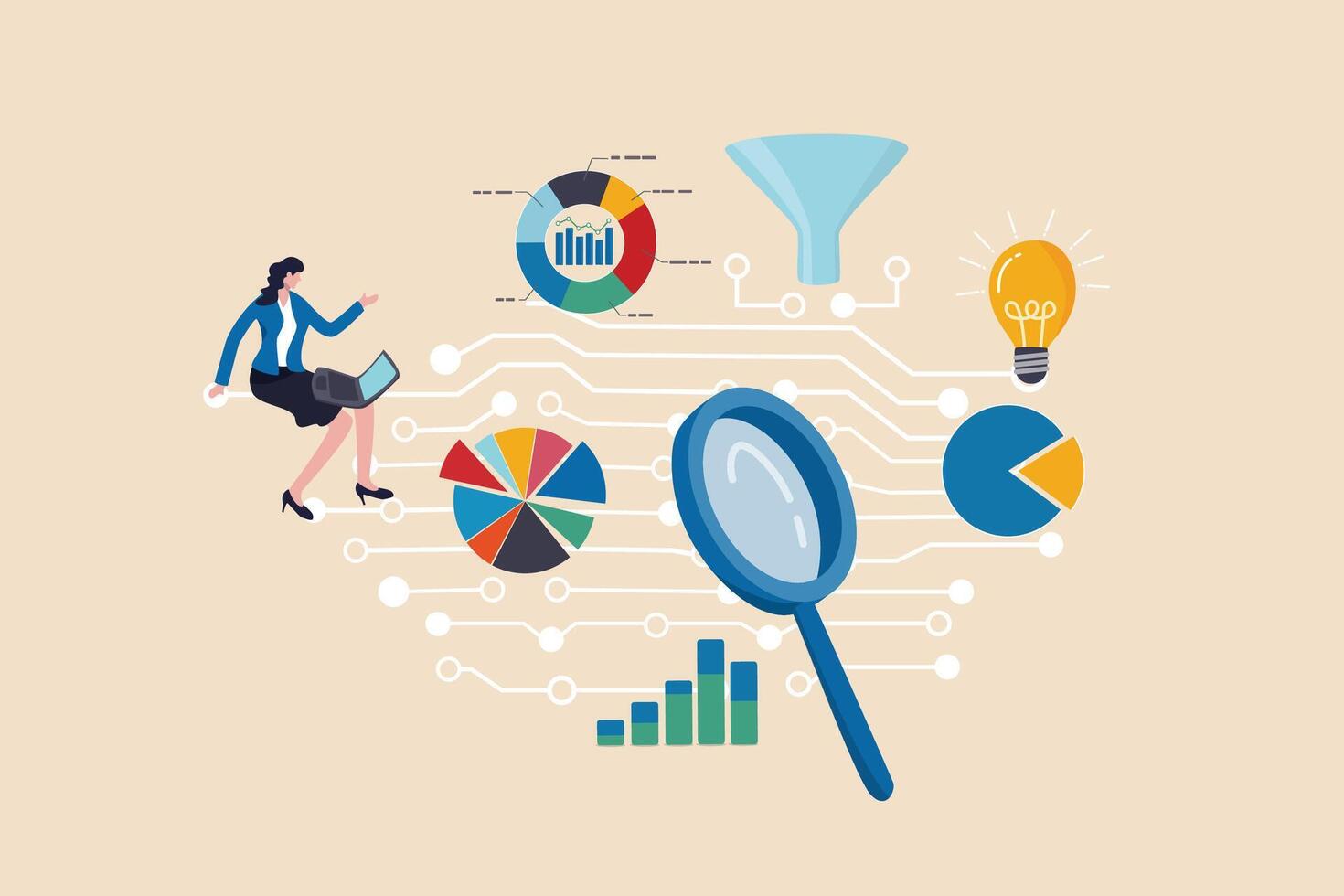 Business intelligence data analysis for business insight, database or statistics, marketing technology or data funnel or indicator concept, businesswoman work with data analysis and magnifying glass. vector