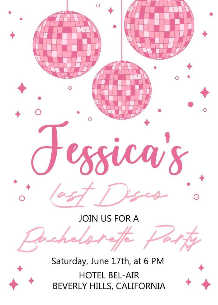 Hen Party invitation card. Last disco bachelorette party invitation template with disco ball. Girls disco party. Wedding stationery. Illustration. vector
