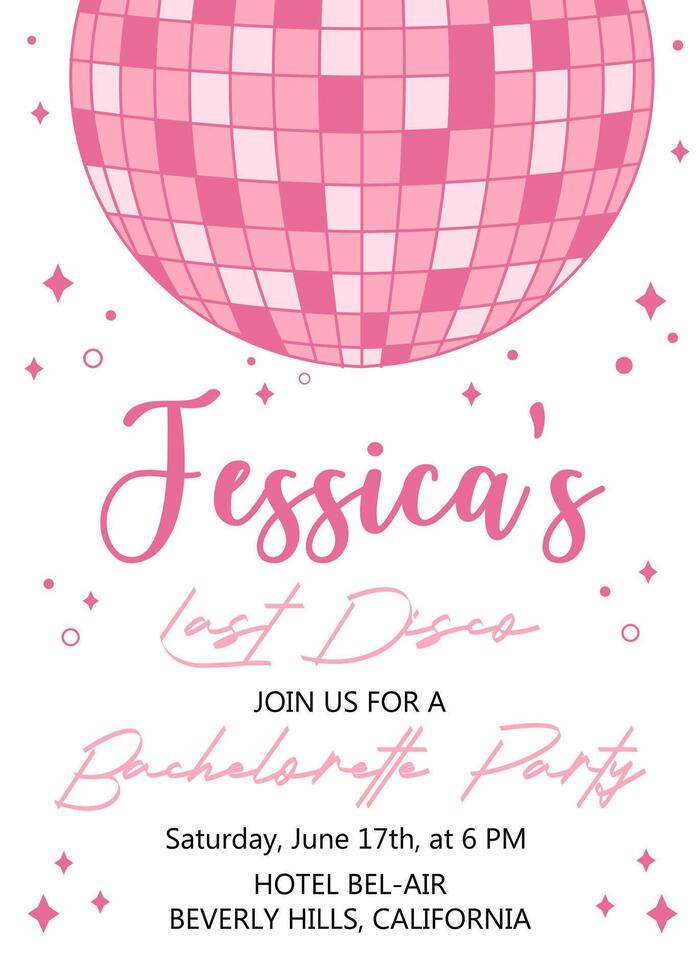 Hen Party invitation card. Last disco bachelorette party invitation template with disco ball. Girls disco party. Wedding stationery. Illustration. vector