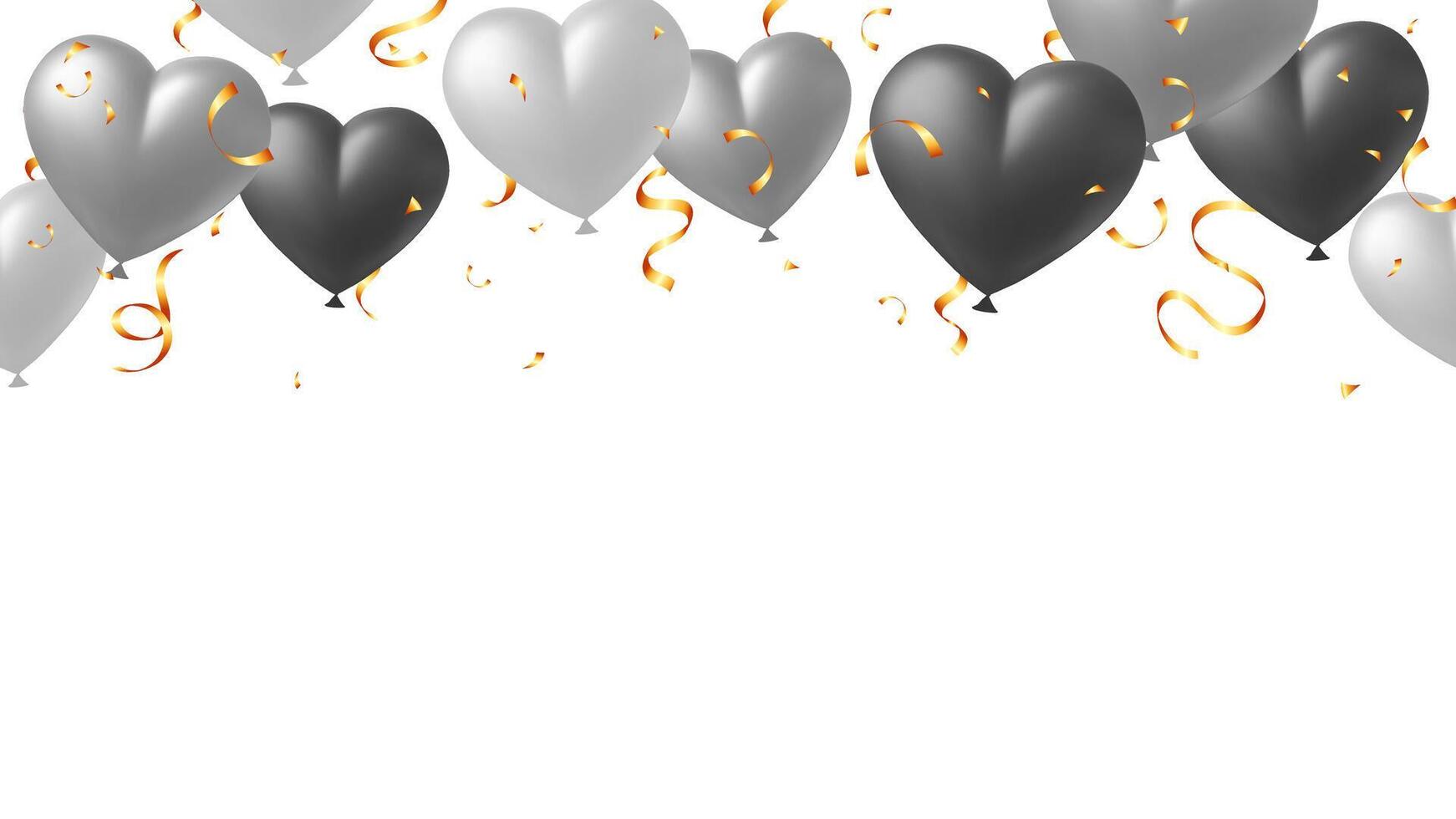 Silver gray heart balloon and gold confetti for banner background. greeting, event, surprise party vector