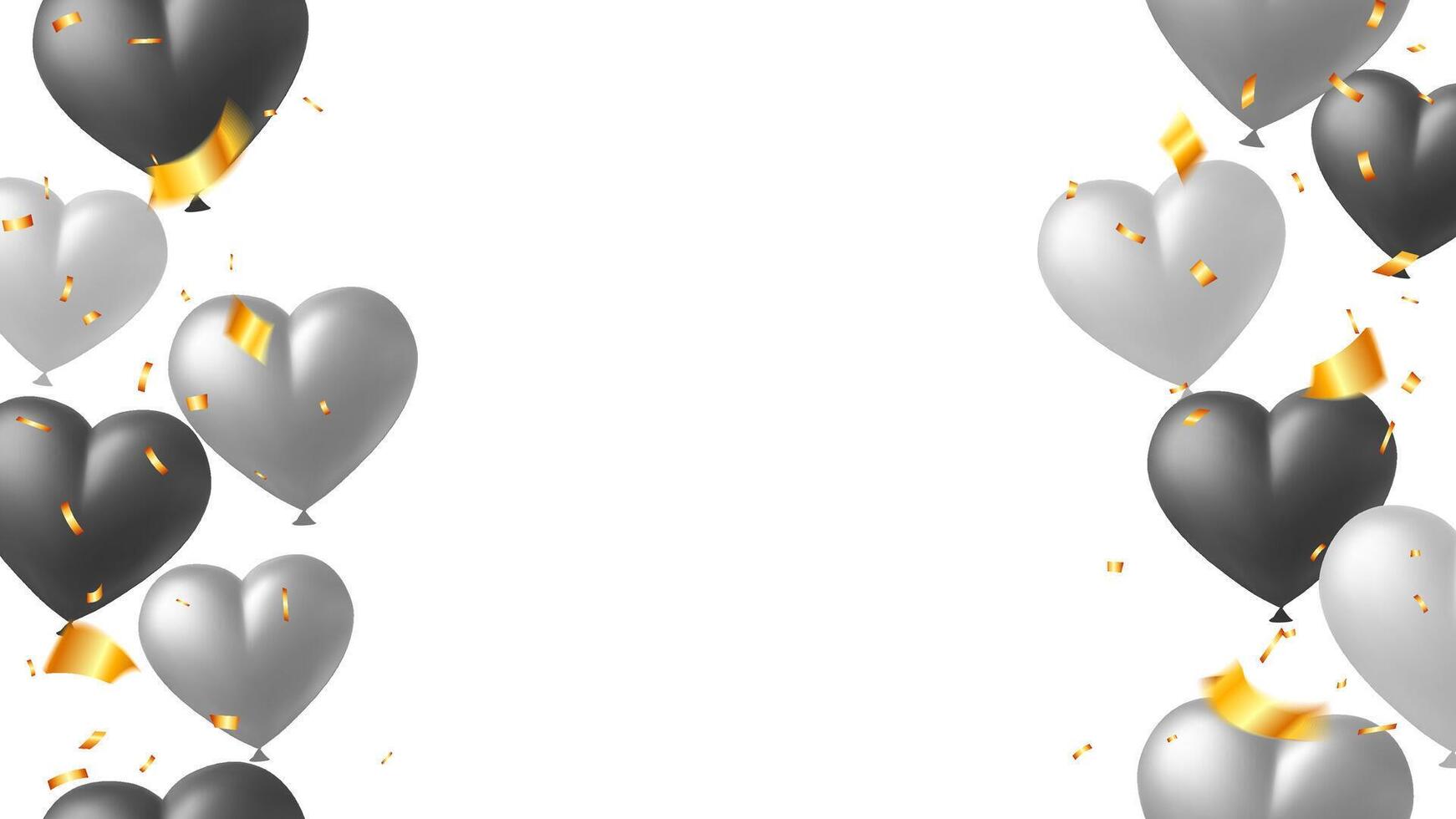 Fun surprise with heart silver balloons and gold confetti decoration greeting card, frame holiday vector