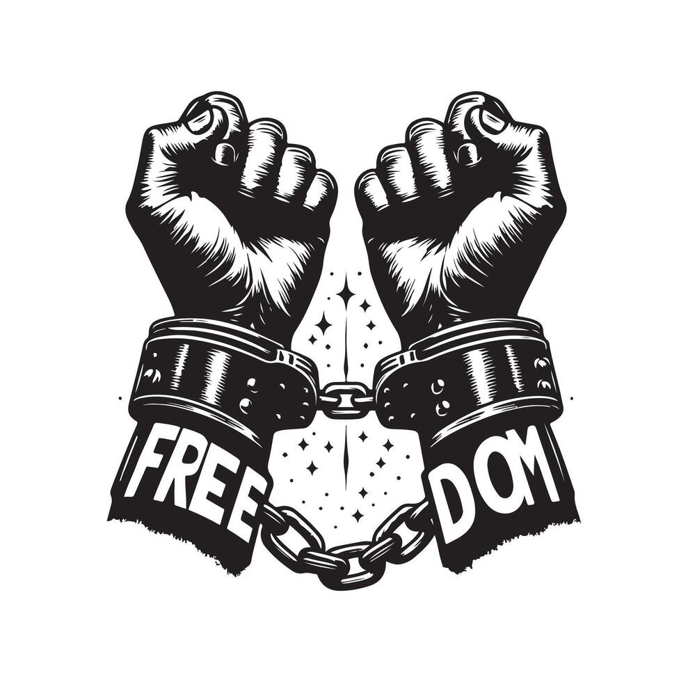 A pair of hands chained to a chain with the text words freedom. A pair of hand in handcuff. Hand drawn illustration. vector