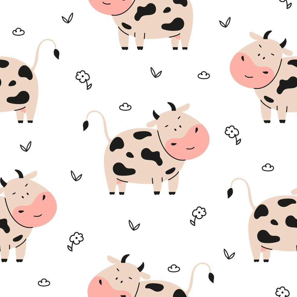 Cute cow seamless pattern with flower and leaf vector